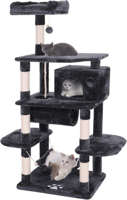 Deluxe Cat Tree Condo with Hammock, Tunnel, and Scratching Posts - Perfect Playground for Your Feline Friends in Smoky Grey