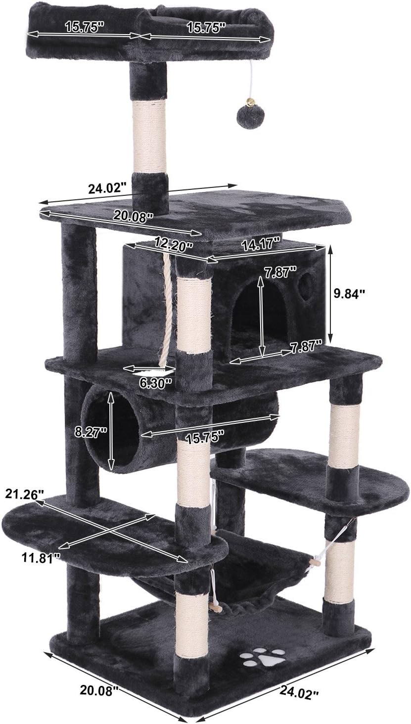 Deluxe Cat Tree Condo with Hammock, Tunnel, and Scratching Posts - Perfect Playground for Your Feline Friends in Smoky Grey