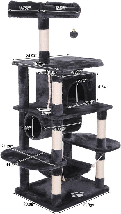 Deluxe Cat Tree Condo with Hammock, Tunnel, and Scratching Posts - Perfect Playground for Your Feline Friends in Smoky Grey